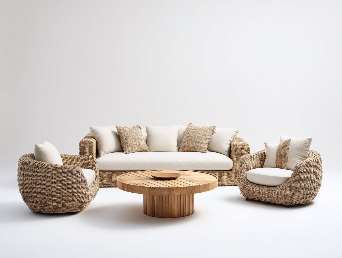 Sofás de exterior - ratán y madera - sofá 220 x 90 x 78 cm - natural-blanco crema - conjunto de jardín de 4 piezas