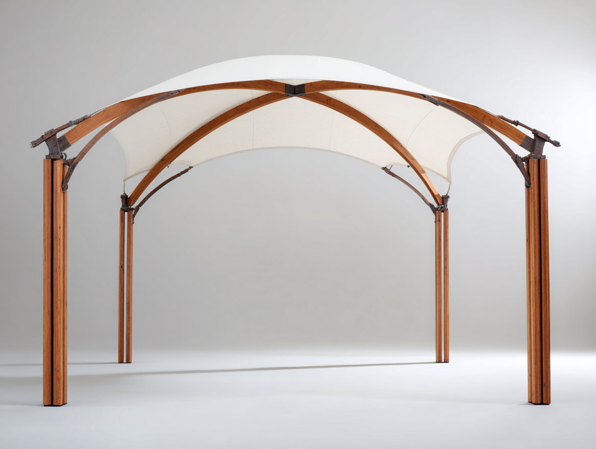 Pérgola de jardín de madera y cubierta textil 400x300x280 cm - marrón natural-blanco crema - techo curvado para exterior