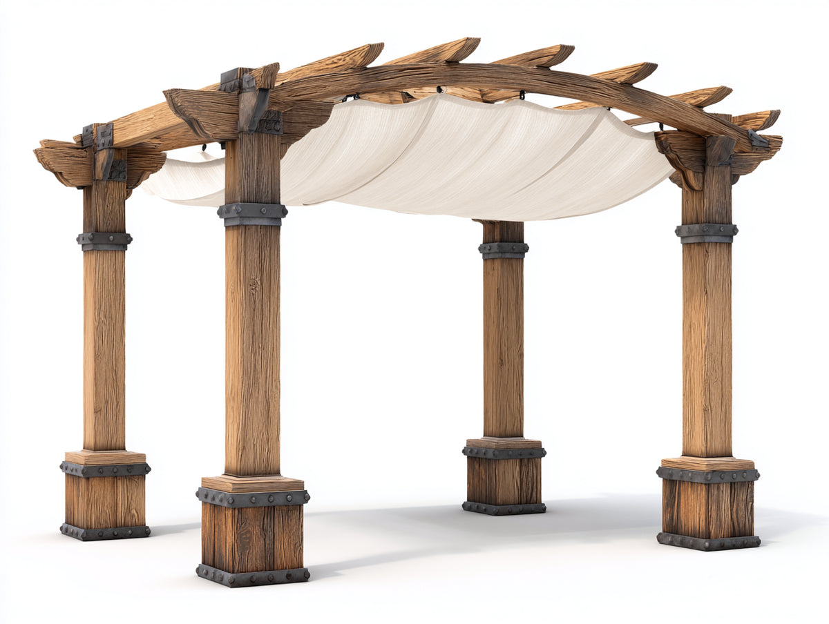 Pérgola de jardín de madera 300x300x250 cm - marrón y beige - diseño rústico con cubierta textil
