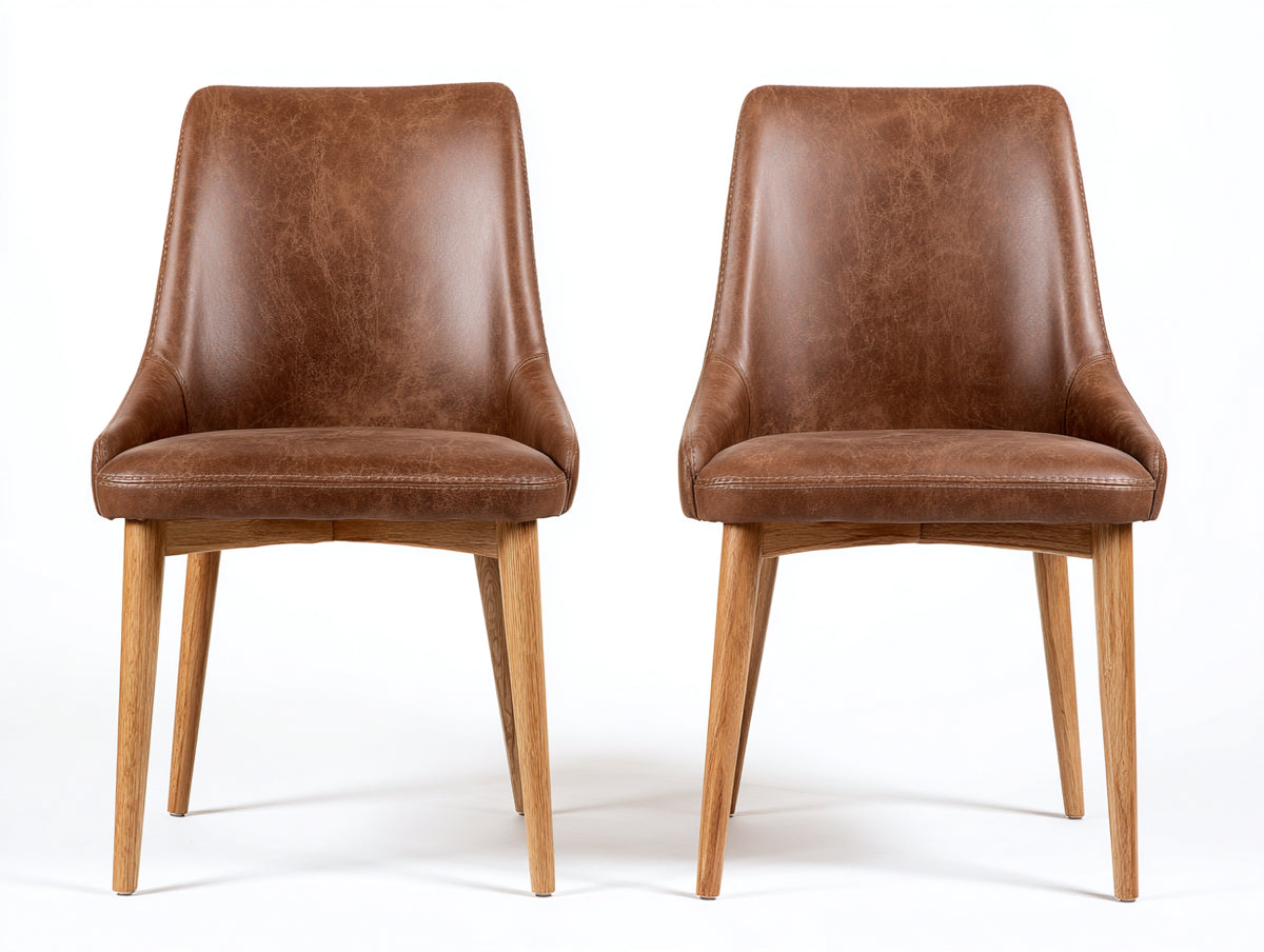 Sillas de comedor tapizadas en cuero sintético 54x59x86 cm - marrón - respaldo alto y patas de madera