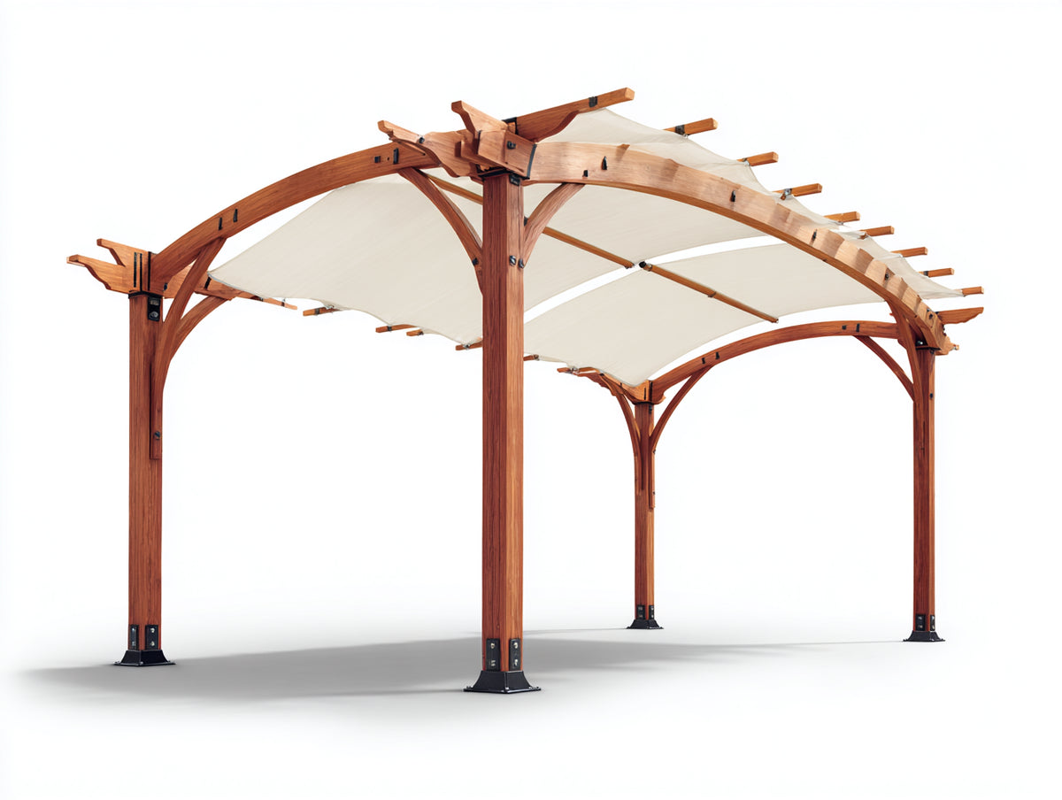 Pérgola de jardín de madera 360x300x250 cm - marrón y beige - diseño arqueado con cubierta textil