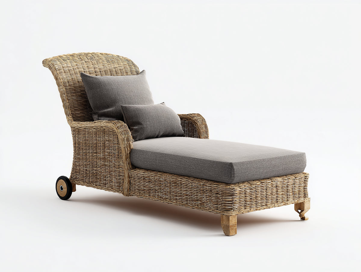 Tumbonas de ratán 190x78x95 cm - marrón claro y gris - diseño clásico con ruedas y asiento acolchado
