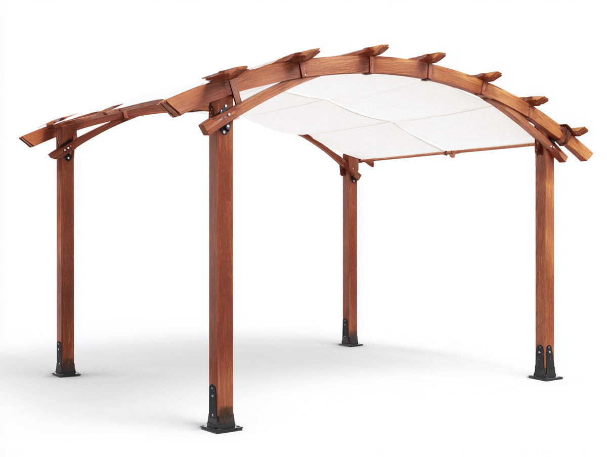 Pérgola de jardín de madera y cubierta textil 400x300x270 cm - marrón natural-blanco crema - techo arqueado para exterior