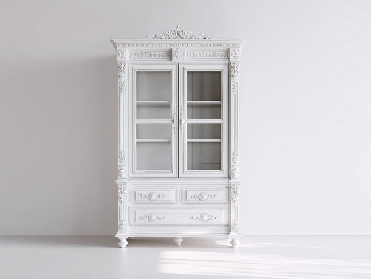 Vitrinas - madera y vidrio - 105 x 48 x 195 cm - blanco - diseño clásico ornamentado con 2 puertas acristaladas y 3 cajones