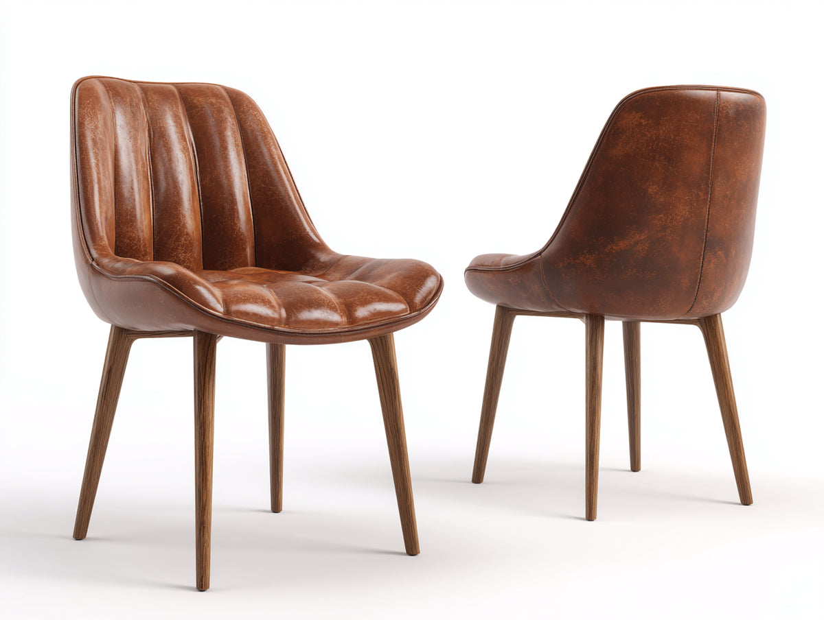 Sillas de comedor tapizadas en cuero sintético 55x60x82 cm - marrón - patas de madera y diseño vintage