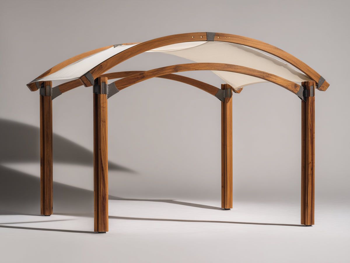 Pérgola de jardín - madera y tejido - 300 x 300 x 250 cm - marrón-blanco crema - diseño arqueado para exterior