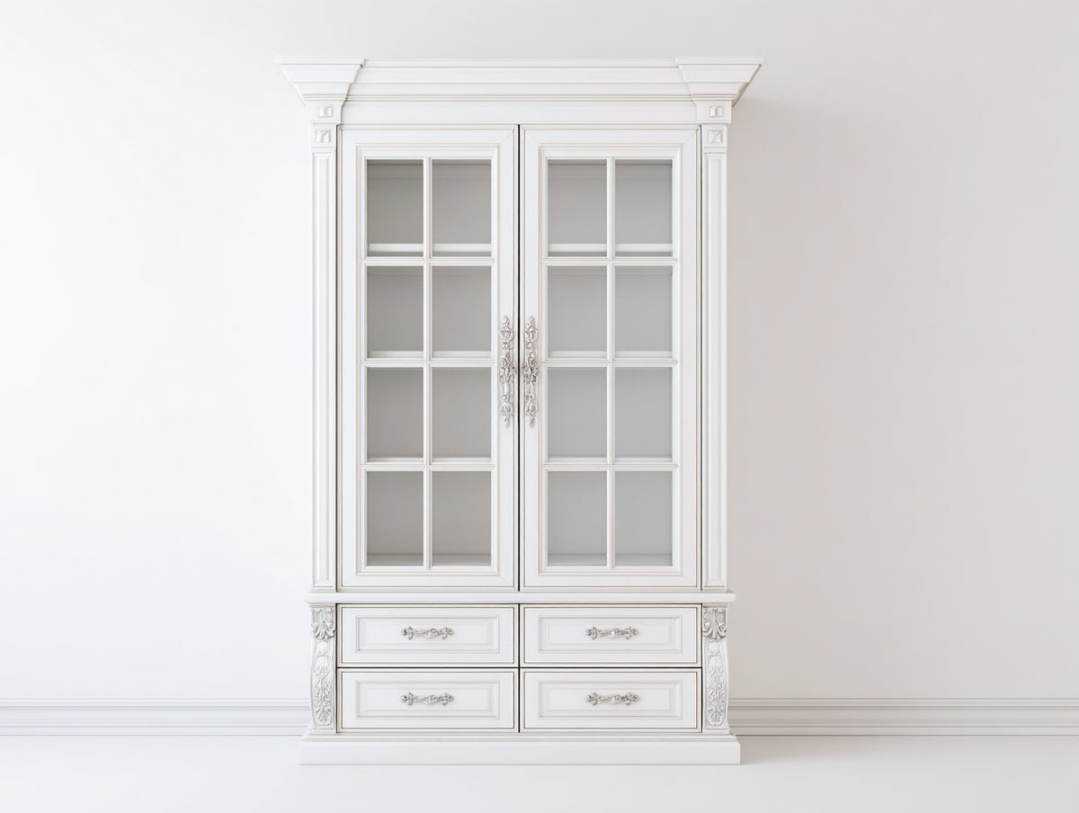 Vitrinas de madera con puertas de cristal y cajones 120x40x200 cm - Blanco - Estilo clásico moderno