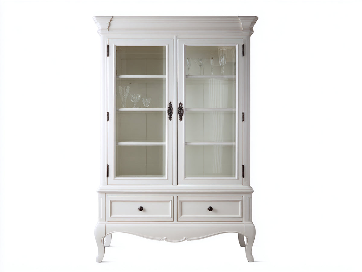 Vitrinas de madera y vidrio 110x45x190 cm - blanco - 2 puertas y 2 cajones estilo clásico