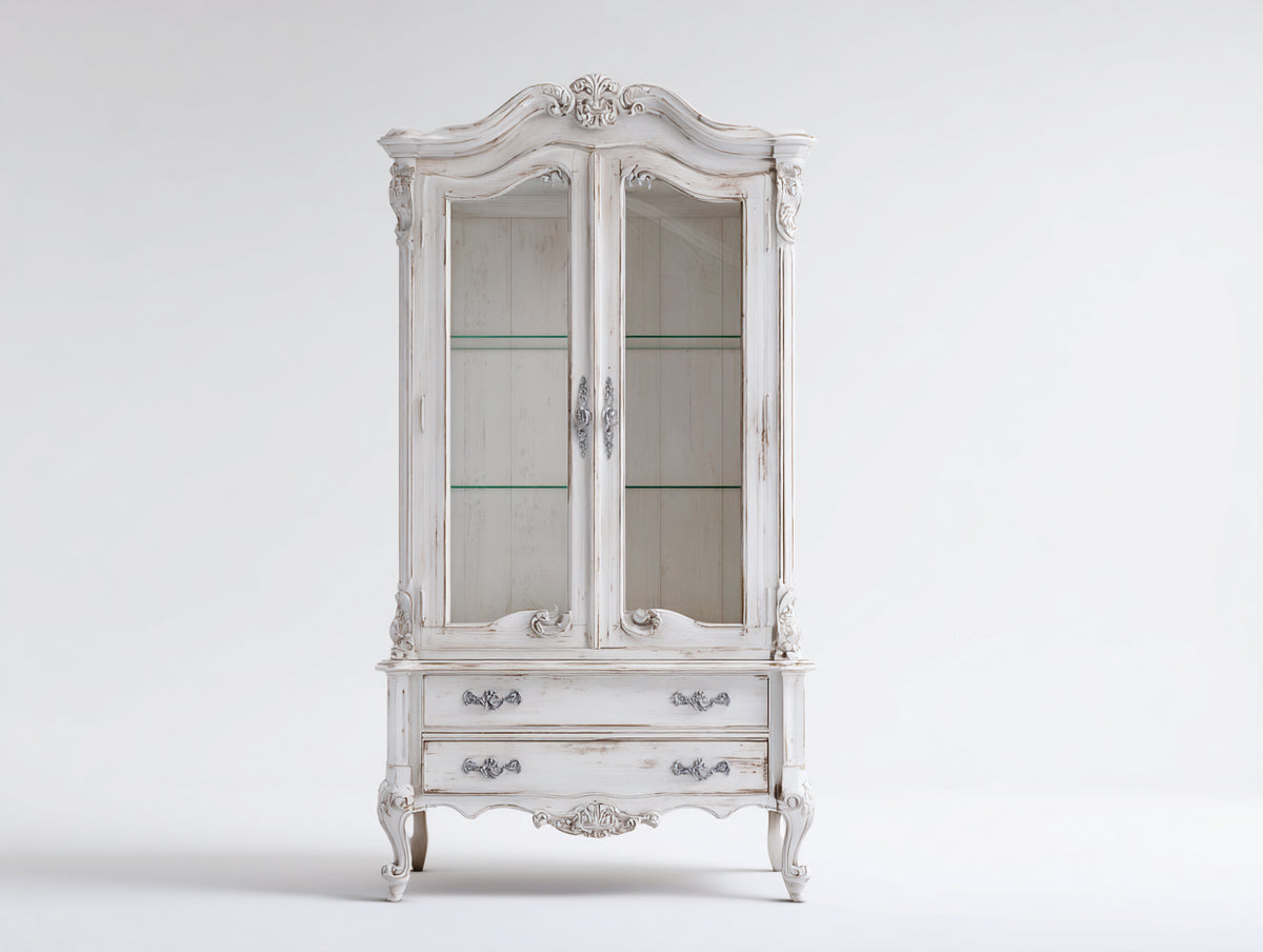 Vitrinas de madera y vidrio 105x45x195 cm - blanco envejecido - 2 puertas y 2 cajones de estilo clásico