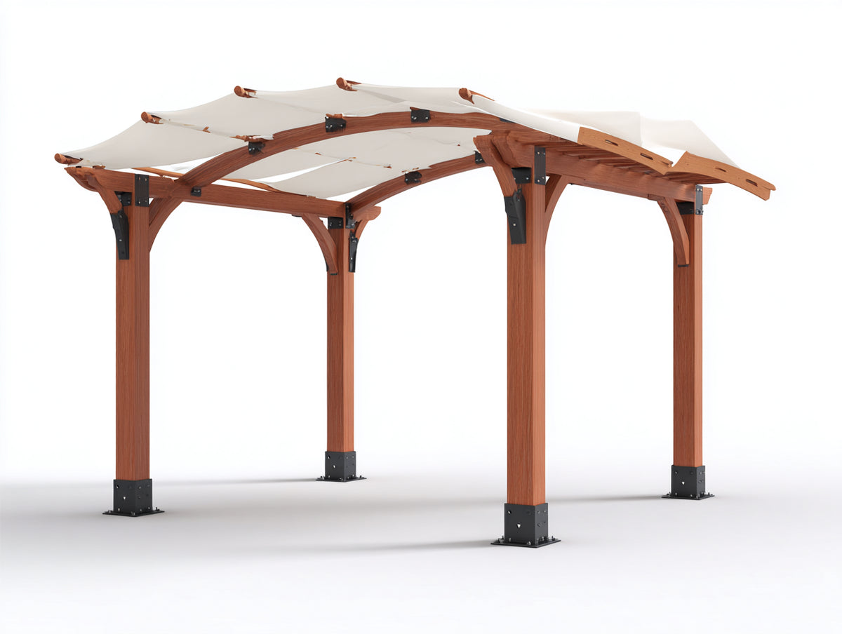 Pérgola de jardín - madera metal y tejido - 360 x 300 x 250 cm - marrón-blanco crema - diseño arqueado con cubierta textil