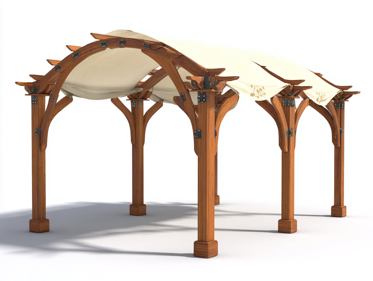 Pérgola de jardín de madera 350x300x250 cm - marrón y beige - diseño arqueado con cubierta textil