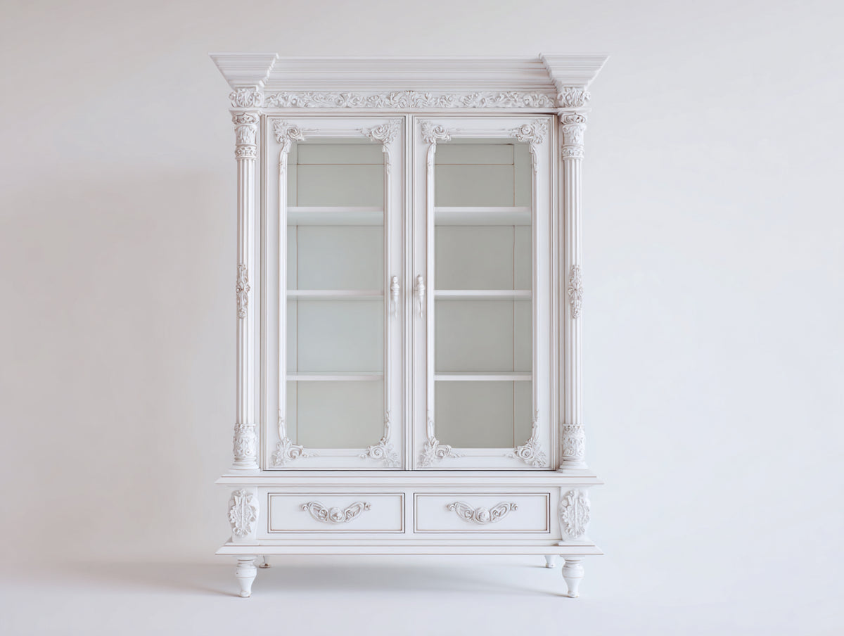 Vitrinas de madera y vidrio 120x45x195 cm - blanco - 2 puertas y 2 cajones de estilo clásico