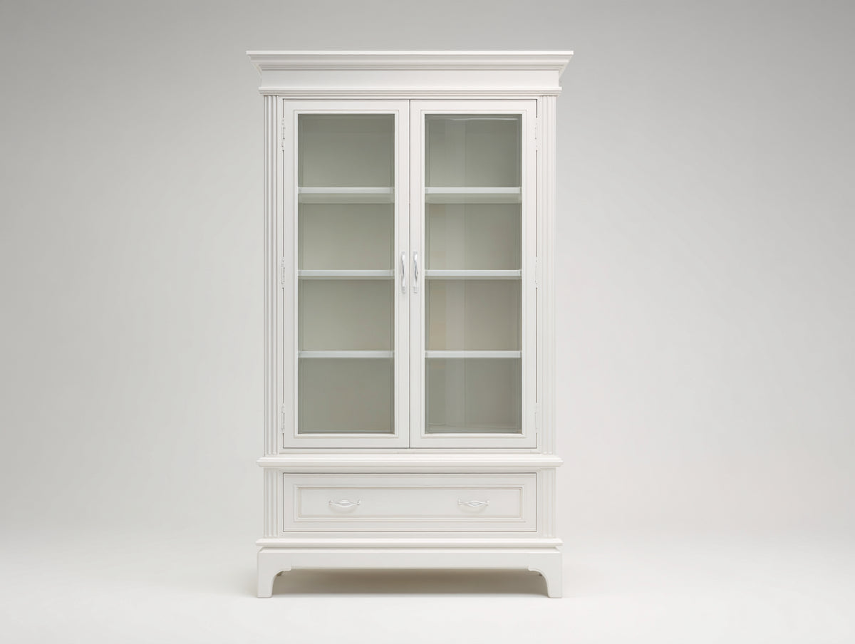Vitrinas de madera y vidrio 105x45x190 cm - blanco - 2 puertas y 1 cajón estilo clásico